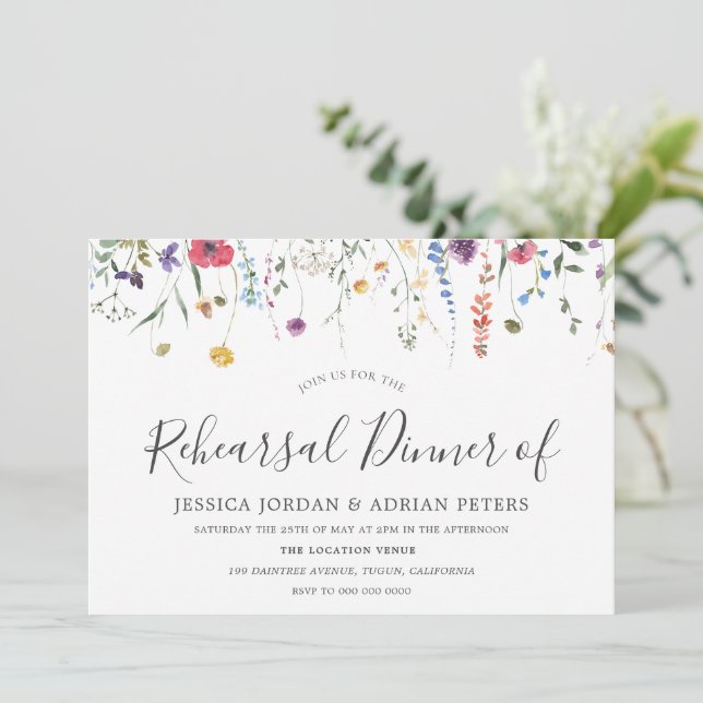 Colorful Wildflowers Wedding Rehearsal Dinner Invitation (Standing Front)