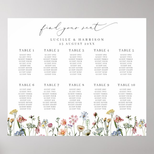Colorful Wildflowers Wedding Seating Plan Poster (Front)