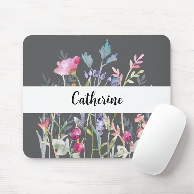 Colorful Wildflowers with Custom Name Gray Mouse P Pad (With Mouse)