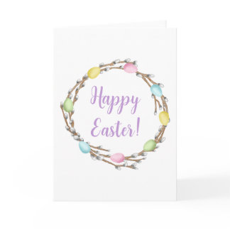 Colorful Willow Wreath And Eggs Happy Easter Card