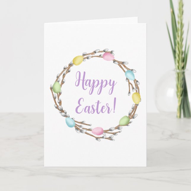 Colorful Willow Wreath And Eggs Happy Easter Card (Front)