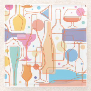Colorful Wine Bottles and Glasses Pattern Glass Coaster