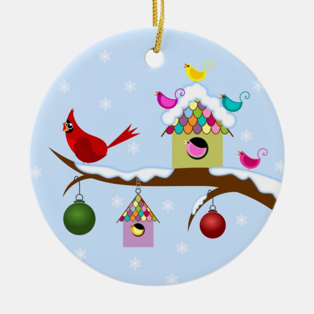 Colorful Winter Birds Round Ornament (Front)