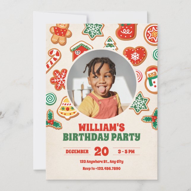 Colorful winter christmas cookies photo birthday invitation (Front)