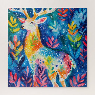 Colorful Winter Deer Watercolor Jigsaw Puzzle