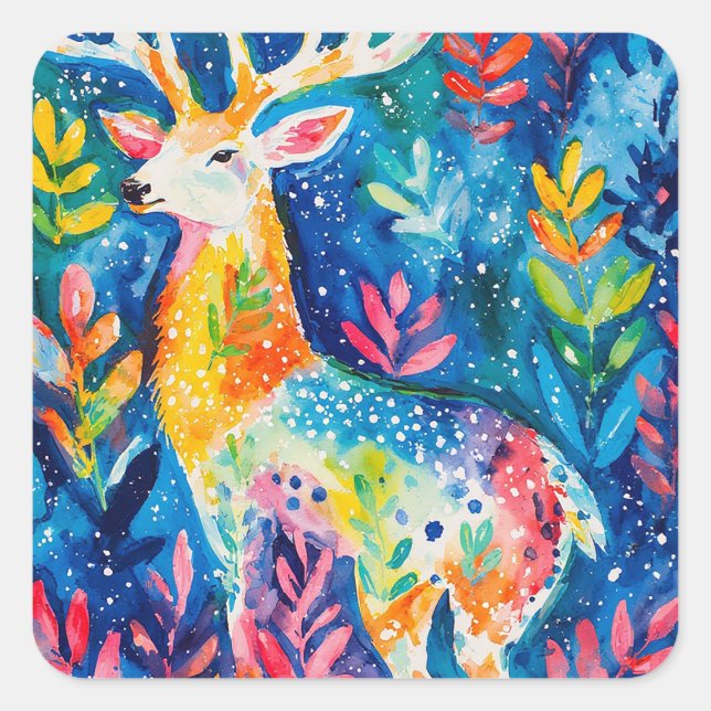 Colorful Winter Deer Watercolor Square Sticker (Front)