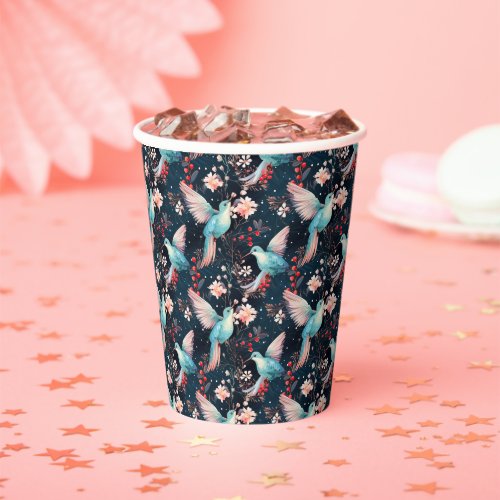 Colorful Winter Hummingbirds & Flowers Pattern Paper Cups