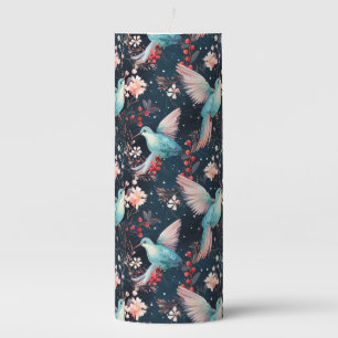 Colorful Winter Hummingbirds & Flowers Pattern Pillar Candle