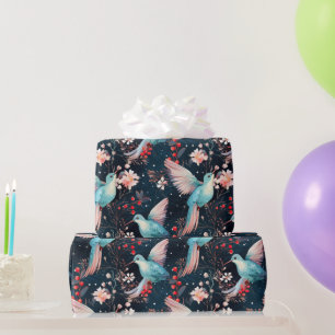 Colorful Winter Hummingbirds & Flowers Pattern Wrapping Paper