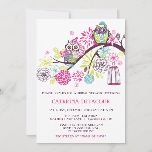 Colorful Winter Owls Floral Baby Shower Invitation