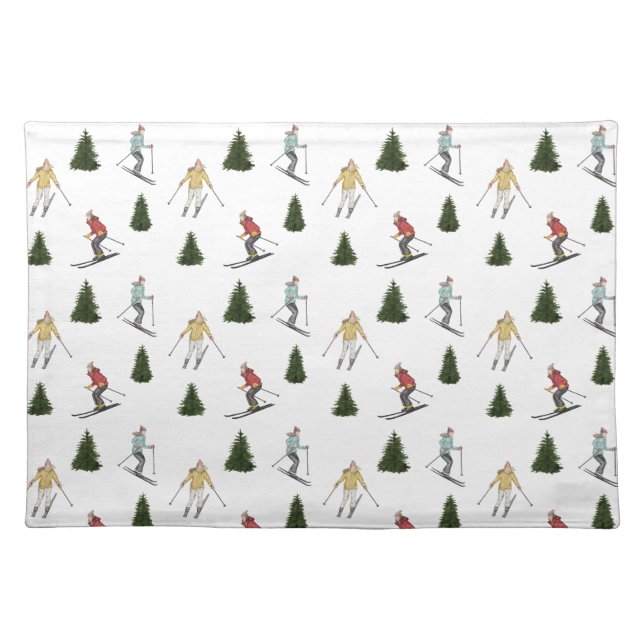 Colorful Winter Pattern Of Skiers In Watercolor Cloth Placemat (Front)