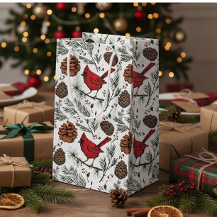 Colorful Winter Perched Red Cardinal & Pine Cones Small Gift Bag
