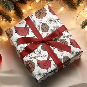 Colorful Winter Perched Red Cardinal & Pine Cones Wrapping Paper