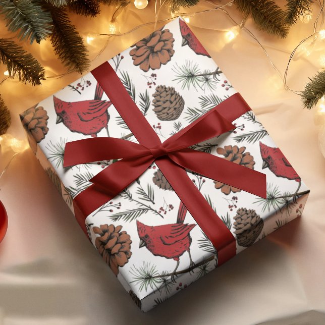 Colorful Winter Perched Red Cardinal & Pine Cones Wrapping Paper (Elegant Hand-drawn Holiday Red Cardinal Birds, Pinecones and Red Berries on a White Background)