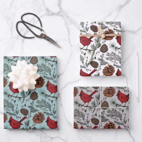 Colorful Winter Perched Red Cardinal  Pine Cones Wrapping Paper Sheets