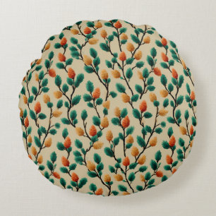 Colorful Winter Pinecone Branches Round Pillow