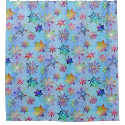 Colorful Winter Snowflakes Christmas Season Blue Shower Curtain