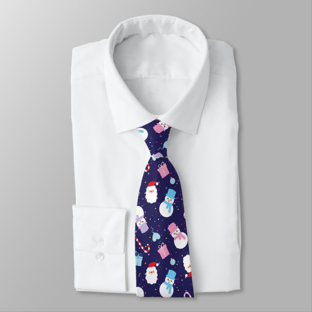 Colorful Winter Snowman Christmas Santa Pattern Neck Tie (Tied)