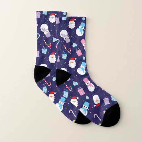 Colorful Winter Snowman Christmas Santa Pattern Socks