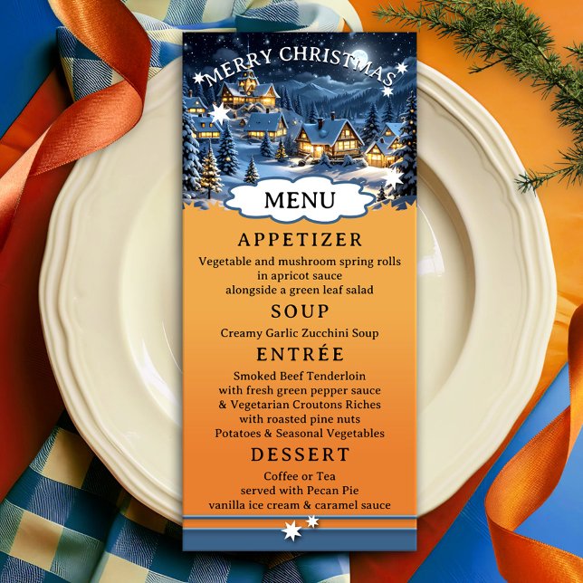 Colorful Winter Wonderland Christmas Menu (Christmas menu card featuring a festive design with a winter wonderland scene on bright orange red)