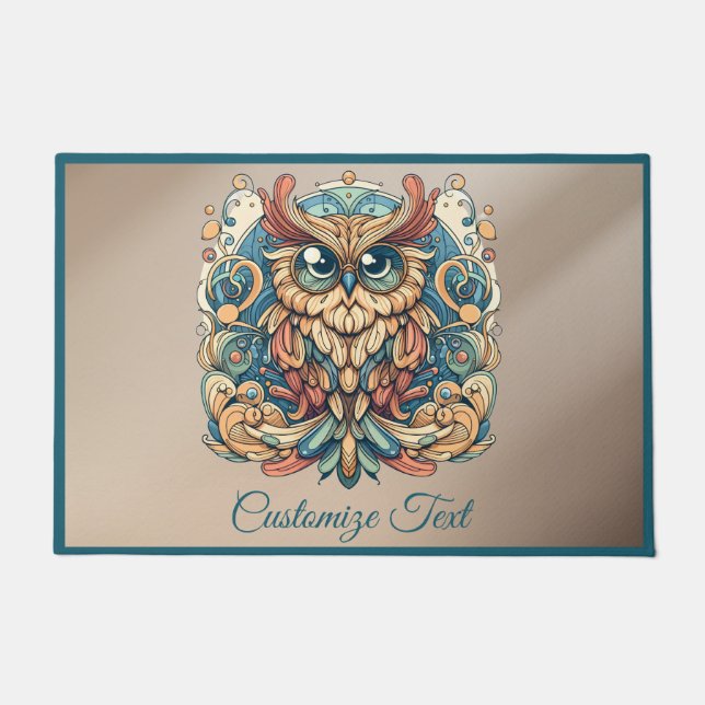 Colorful Wise Owl Personalized Housewarming Gift Doormat (Front)