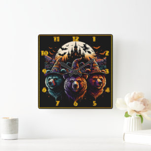 Colorful witch bears by spooky castle square wall clock