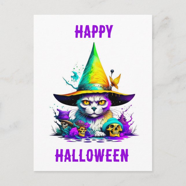 Colorful Witch Cat Postcard (Front)