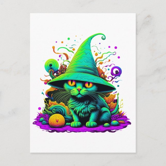 Colorful Witch Cat Postcard (Front)