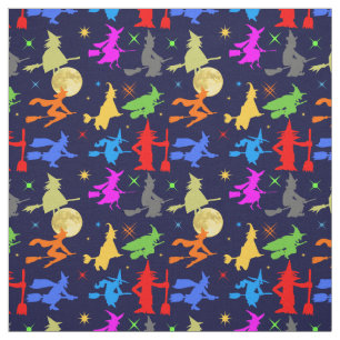 Colorful Witches Fly At Night Halloween Pattern Fabric