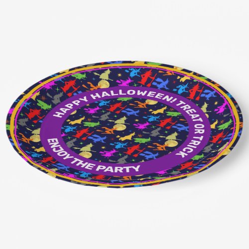 Colorful Witches Fly At Night Halloween Pattern Paper Plates