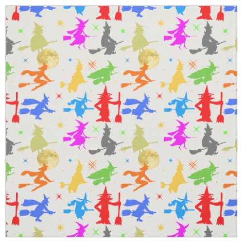 Colorful Witches In Flight Halloween Pattern Fabric