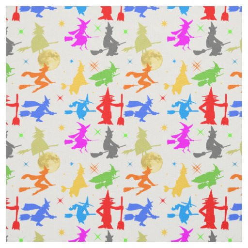 Colorful Witches In Flight. Halloween Pattern Fabric