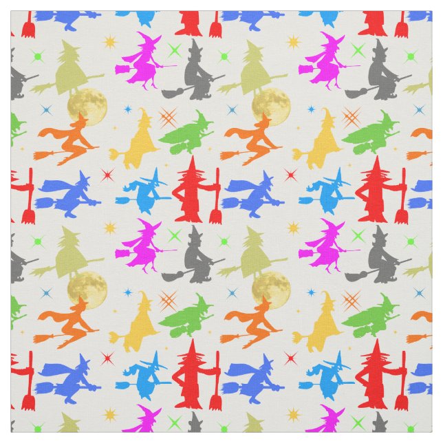Colorful Witches In Flight. Halloween Pattern Fabric (Swatch)