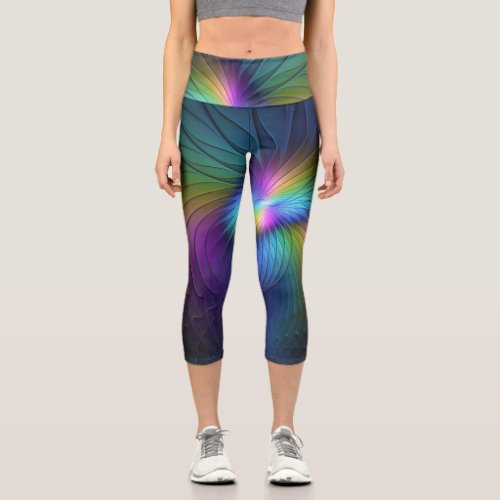 Colorful With Blue Modern Abstract Fractal Art Capri Leggings