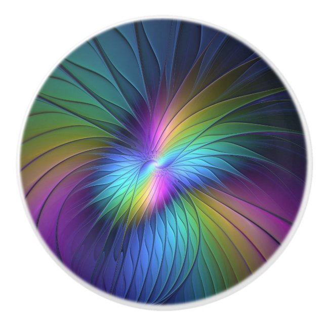 Colorful With Blue Modern Abstract Fractal Art Ceramic Knob (Front)