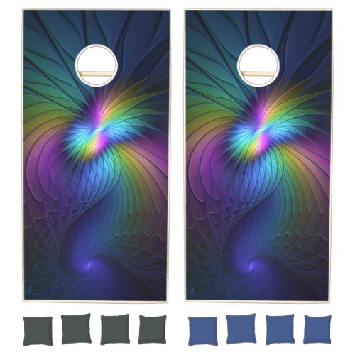 Colorful With Blue Modern Abstract Fractal Art Cornhole Set