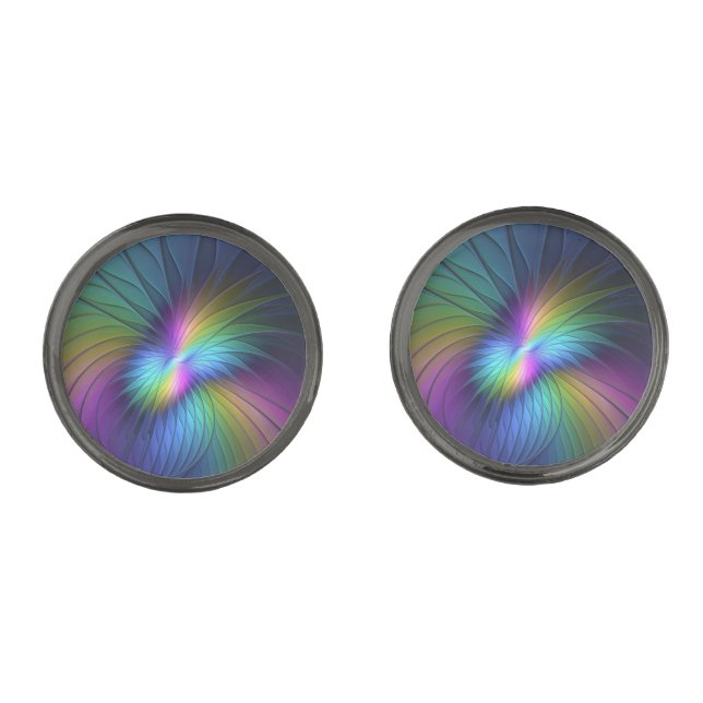 Colorful With Blue Modern Abstract Fractal Art Cufflinks (Front)