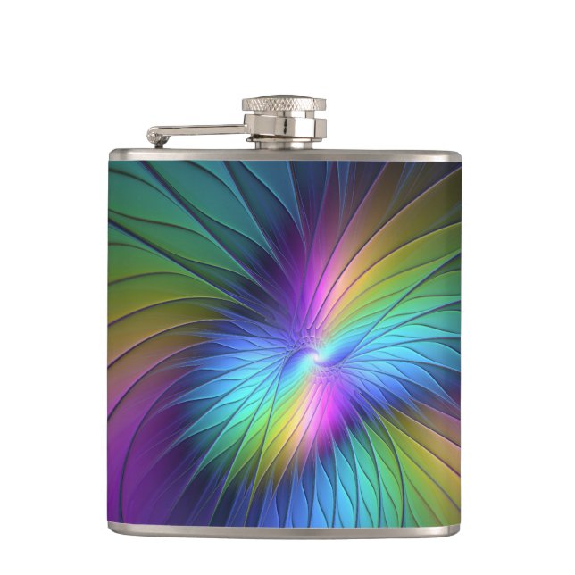 Colorful With Blue Modern Abstract Fractal Art Flask (Front)
