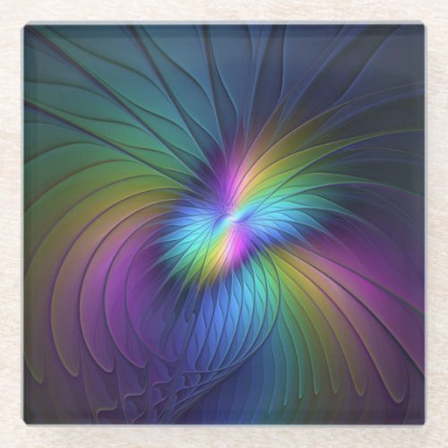 Colorful With Blue Modern Abstract Fractal Art Glass Coaster