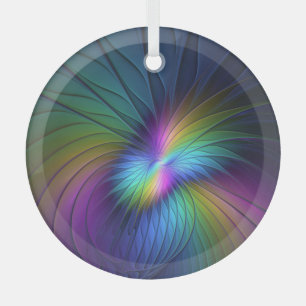 Colorful With Blue Modern Abstract Fractal Art Glass Ornament