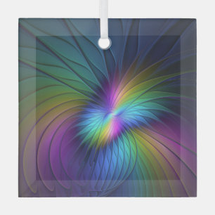 Colorful With Blue Modern Abstract Fractal Art Glass Ornament