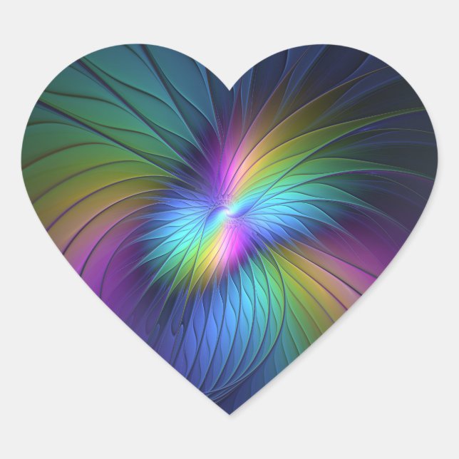 Colorful With Blue Modern Abstract Fractal Art Heart Sticker (Front)