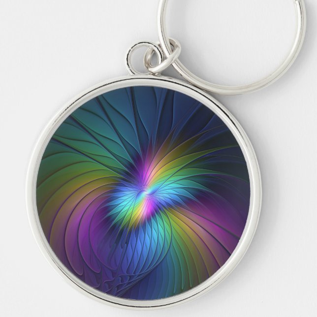 Colorful With Blue Modern Abstract Fractal Art Keychain (Front)