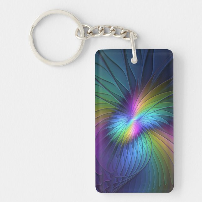 Colorful With Blue Modern Abstract Fractal Art Keychain (Front)