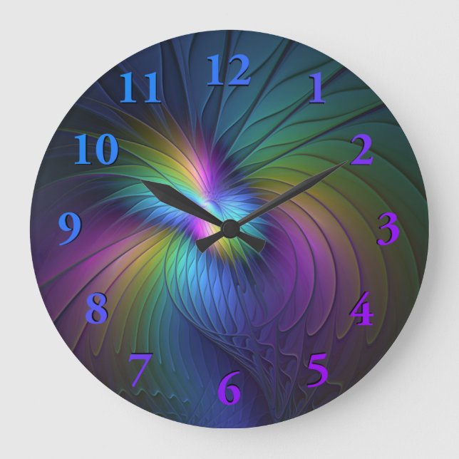 Colorful With Blue Modern Abstract Fractal Art Large Clock (Front)