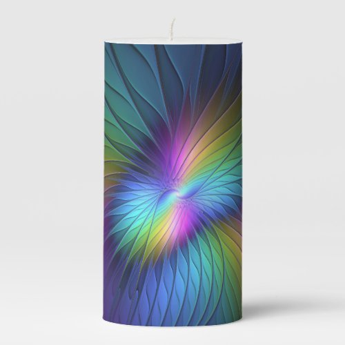 Colorful With Blue Modern Abstract Fractal Art Pillar Candle