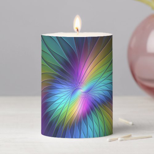 Colorful With Blue Modern Abstract Fractal Art Pillar Candle