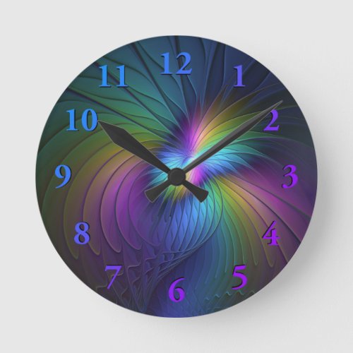 Colorful With Blue Modern Abstract Fractal Art Round Clock