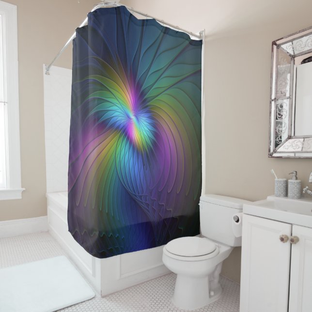 Colorful With Blue Modern Abstract Fractal Art Shower Curtain (In Situ)
