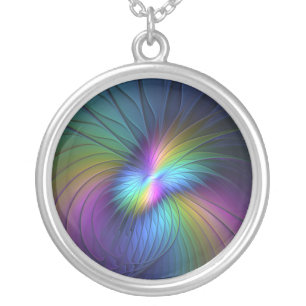 Colorful With Blue Modern Abstract Fractal Art Silver Plated Necklace